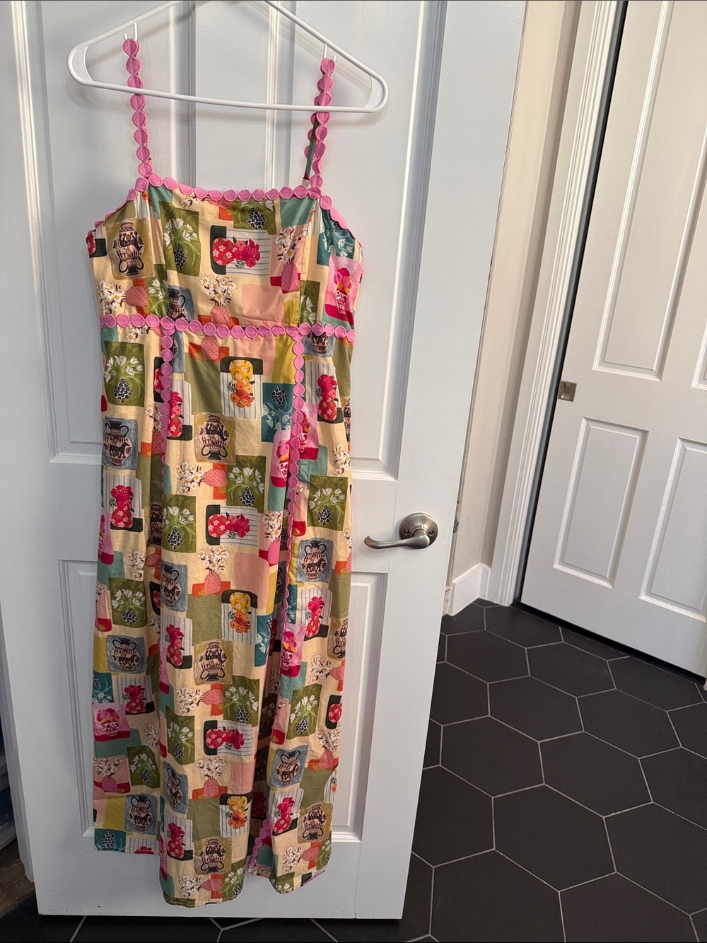 Colorful Patchwork Maxi Dress with Pink Trim and Spaghetti Straps by Entro